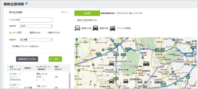 複数台車両の最新位置表示 地図:ゼンリンのイメージ